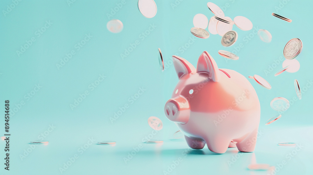 Money coin investment with flat background, pink ceramic piggy bank with lots of coins Money coin investment with flat background, pink ceramic piggy bank with lots of coins