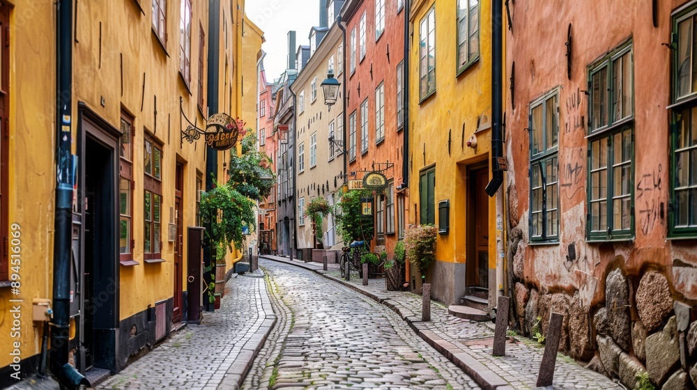 Fototapeta premium A picturesque alleyway in a historic city, with cobblestone streets and charming architecture inviting exploration.