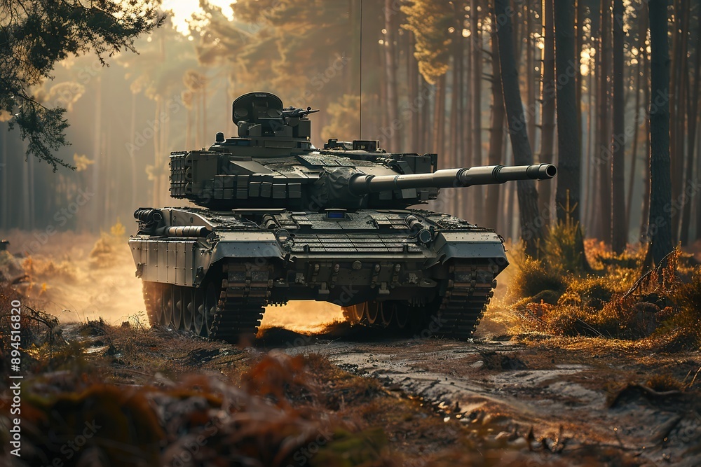 A modern tank, parked at the edge of a forest A modern tank, parked at the edge of a forest