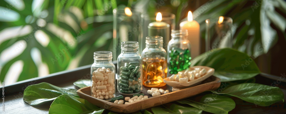 A vibrant display of different health and beauty supplements in glass jars, placed on a wooden tray with green leaves and candles. The natural elements emphasize the organic and beneficial nature of A vibrant display of different health and beauty supplements in glass jars, placed on a wooden tray with green leaves and candles. The natural elements emphasize the organic and beneficial nature of