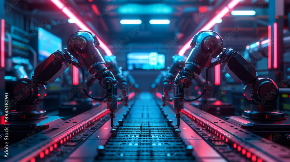 Fototapeta premium Industrial robotic arms in action on a conveyor belt, depicting modern automation and precision in manufacturing processes.