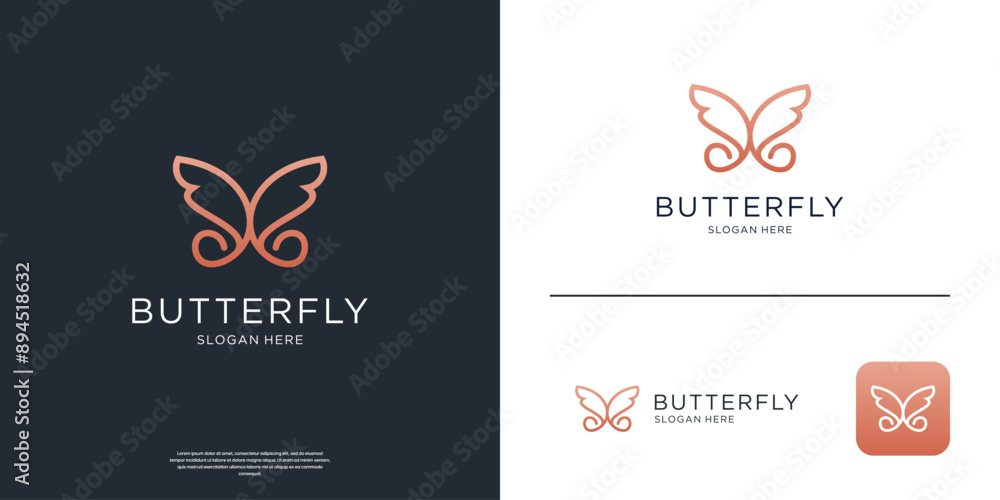 Naklejka premium Minimalist elegant butterfly logo design template. Simple doodle line art style logo vector illustration.