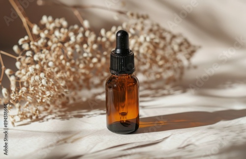 Amber Dropper Bottle With Branch on White Surface