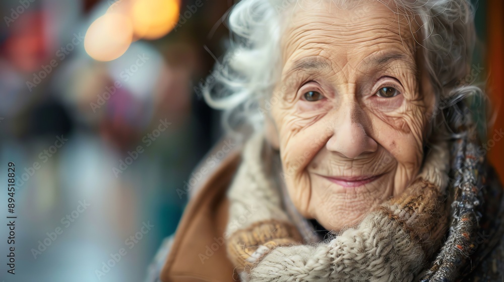 A close-up portrait of an elderly woman with a kind smile and a soft, warm expression. A close-up portrait of an elderly woman with a kind smile and a soft, warm expression.