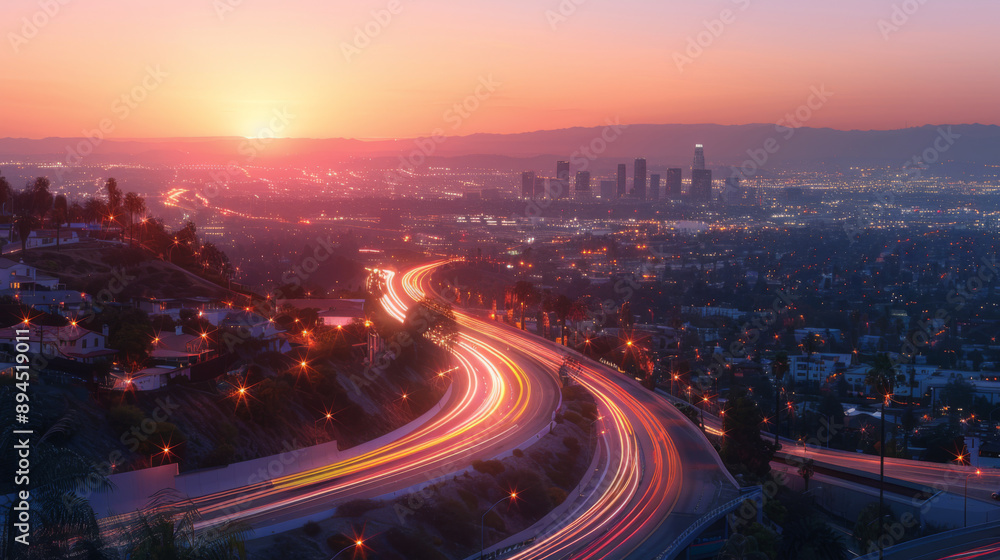 City skyline at sunset with light trails from vehicles on a busy highway, capturing urban nightlife and vibrant city energy. City skyline at sunset with light trails from vehicles on a busy highway, capturing urban nightlife and vibrant city energy.