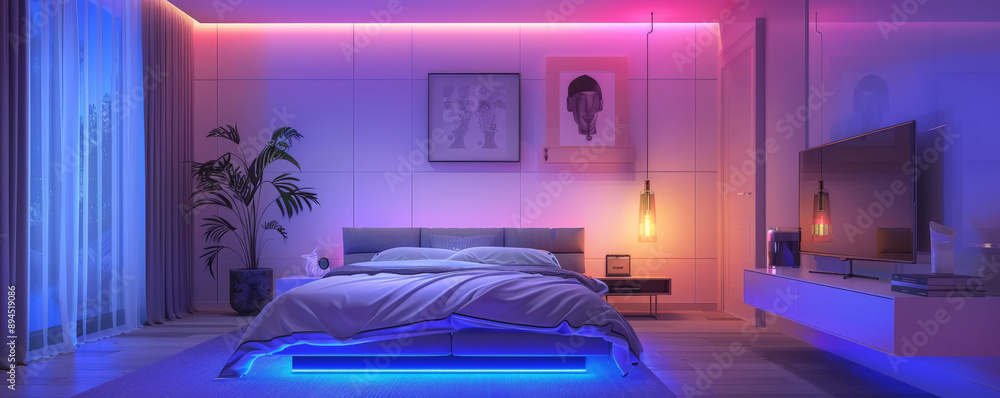 A modern bedroom with a magical atmosphere, illuminated by LED strips that cast a calming, colorful light on the minimalist bed and elegant decor, creating a relaxing space.