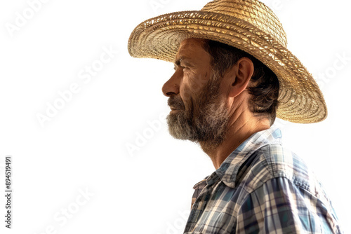 farmer in straw hat sideways isolated on white background close up 