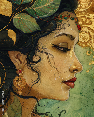 Watercolor close-up painting of Goddess Bhudevi, with rich greens, browns, and golds, highlighting her nurturing and kind expression. photo