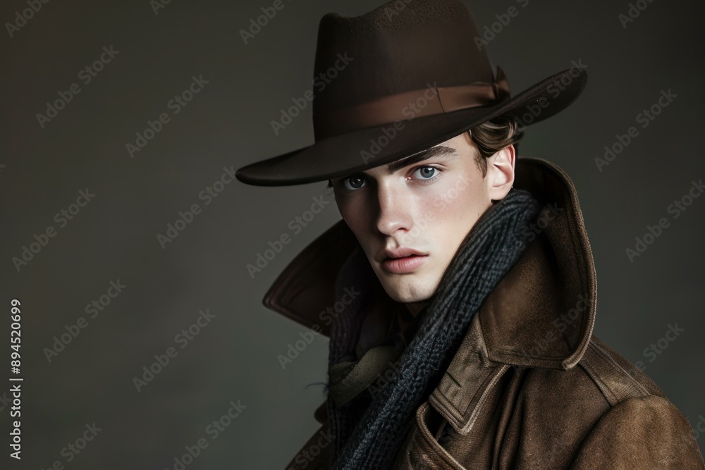 Portrait of a stylish man with a captivating gaze, wearing a classic hat and coat Portrait of a stylish man with a captivating gaze, wearing a classic hat and coat
