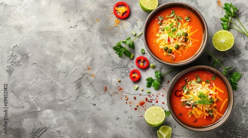 Carrot and ginger soup with baked peppers and cheese garnished with lime juice on a light backdrop