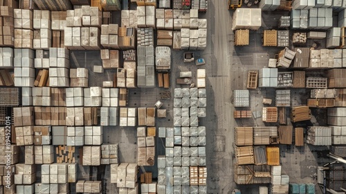 Pallets of goods organized in a grid pattern © pamungkas