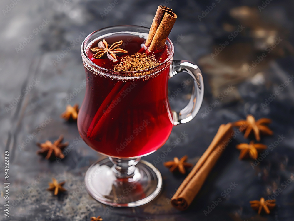 A Glass of Mulled Wine With Cinnamon Sticks and Star Anise on a Dark Surface A Glass of Mulled Wine With Cinnamon Sticks and Star Anise on a Dark Surface