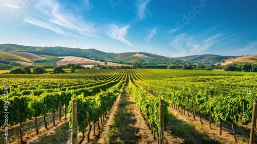 Picturesque Vineyard at Harvest Time with Rows of Lush Grapevines in Rolling Hills