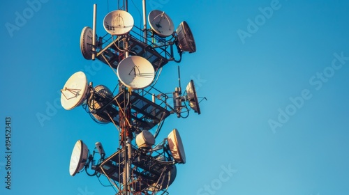 A telecom signal pole with antennas and satellite dishes, against a clear blue sky.
