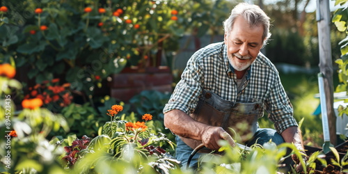 Fototapeta Naklejka Na Ścianę i Meble -  A senior man happily gardening among lush plants and flowers in a vibrant garden