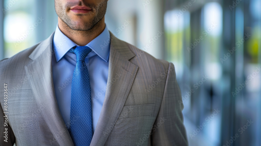 Close-up of a businessman wearing a blue tie and light grey suit, showcasing professional attire and confidence. Close-up of a businessman wearing a blue tie and light grey suit, showcasing professional attire and confidence.