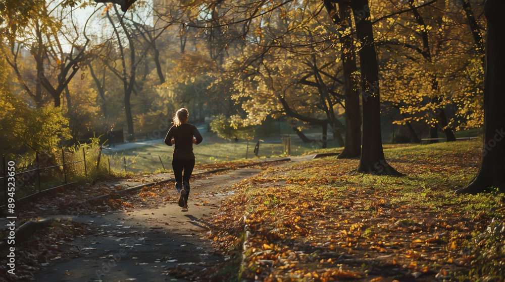 Fototapeta premium a woman jogging for her health in a secluded park in the sun, Generative AI