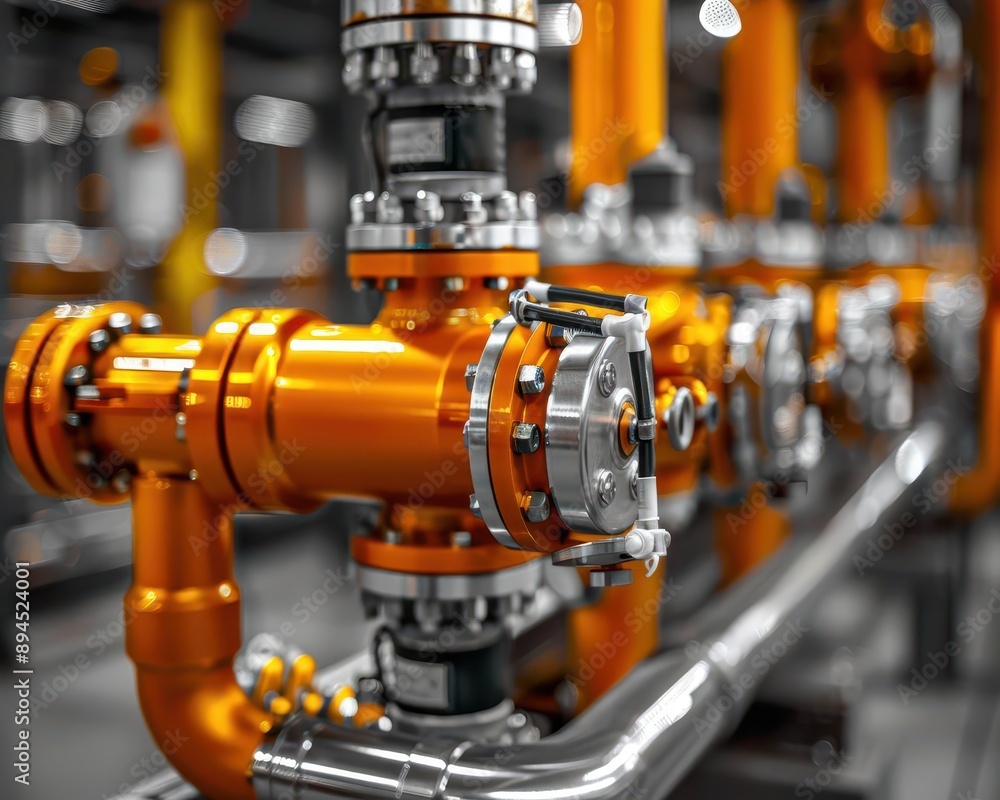 Closeup of a complex pump system in a chemical processing plant, focus on machinery and flowing liquids, representing industrial efficiency Closeup of a complex pump system in a chemical processing plant, focus on machinery and flowing liquids, representing industrial efficiency