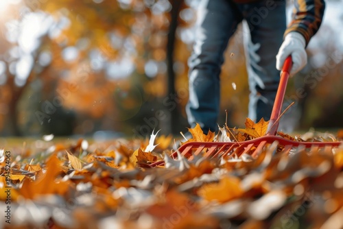 Raking Autumn Leaves in a Park