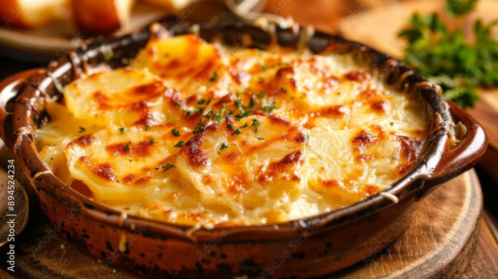 A traditional dish of scalloped potatoes with melted cheese and a crispy top layer. A traditional dish of scalloped potatoes with melted cheese and a crispy top layer.
