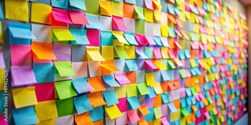 Vibrant colorful sticky notes cover a wall, forming a creative brainstorming space, with ideas and notes blurred into a kaleidoscope of inspiration and productivity. photo