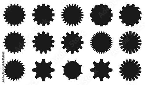 15 images of gear lines. A flat image of a gear wheel of a car. The vector of the gear wheel. A collection of vector isolated elements with a simple outline.