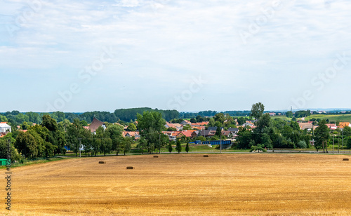 Tranquil Golden Fields Lush Greenery Serene Village Landscape Bright Sky Peaceful Rural Harmony Nature