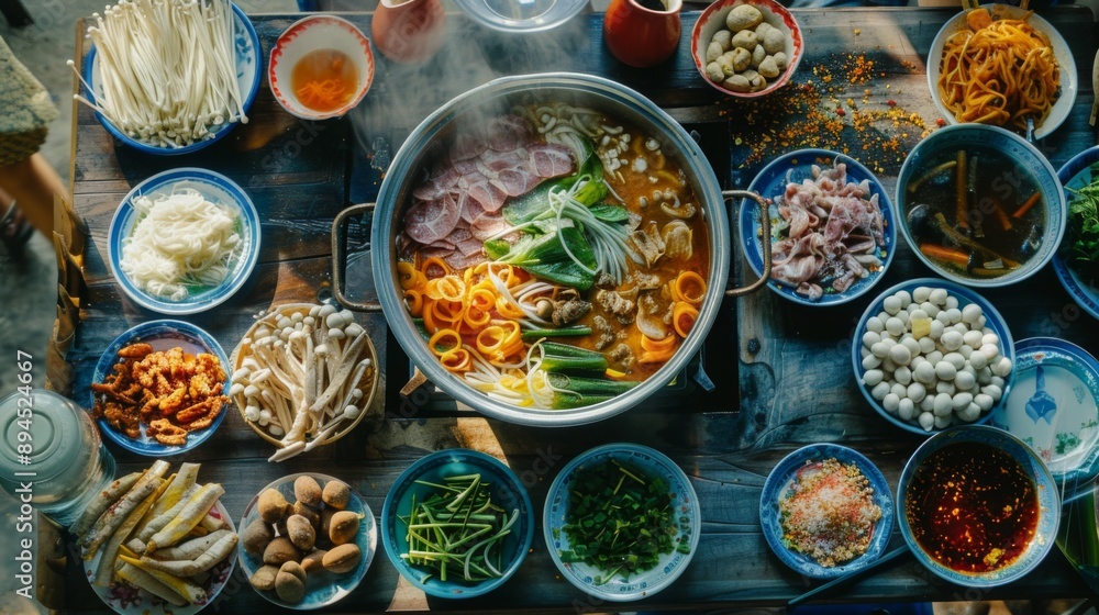 A traditional Thai hot pot with various meats, vegetables, and noodles, ready for a communal meal. A traditional Thai hot pot with various meats, vegetables, and noodles, ready for a communal meal.