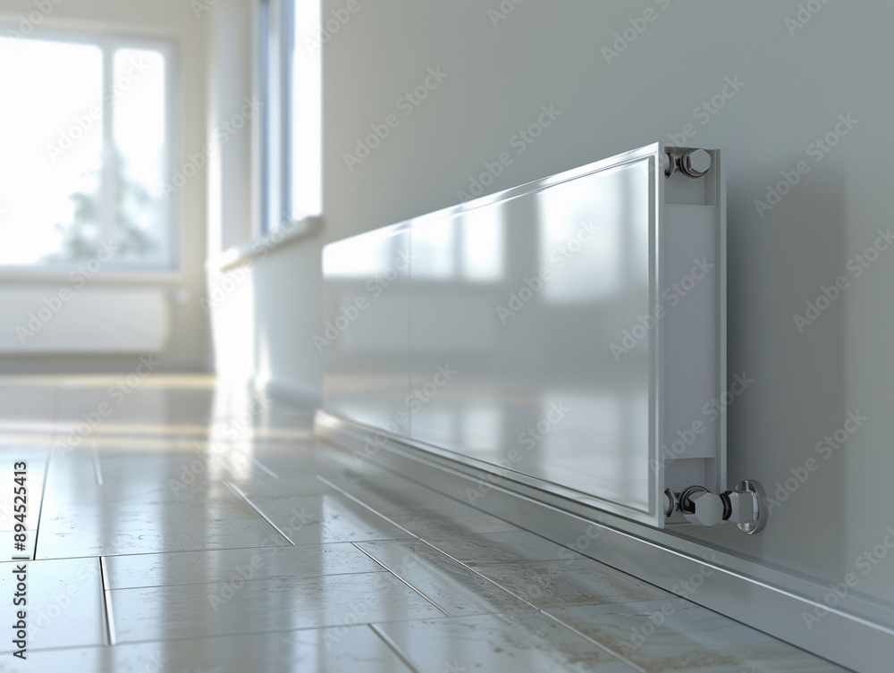 Fototapeta premium Modern White Panel Radiator Installed in a Room With a Window