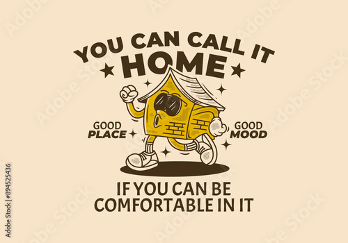 Walking house mascot character in vintage retro style