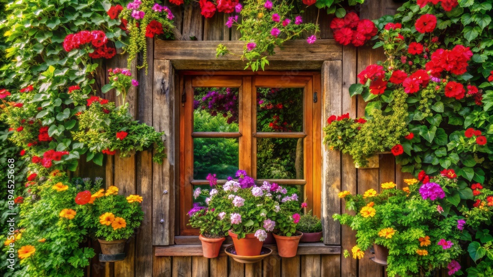 Fototapeta premium Vibrant flowers and lush greenery surround a vintage wooden window, exuding warmth and serenity, evoking feelings of joy and contentment.