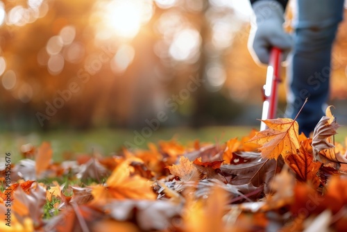 Raking Autumn Leaves in a Park