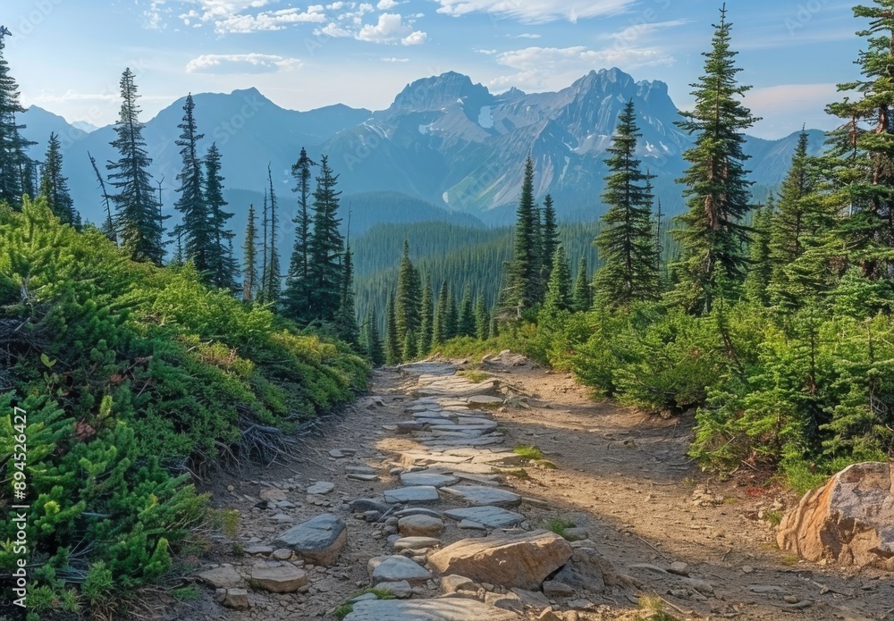 Fototapeta premium A rugged mountain path leading through a dense pine forest with alpine views