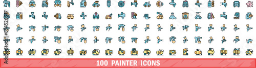 100 painter icons set. Color line set of painter vector icons thin line color flat on white