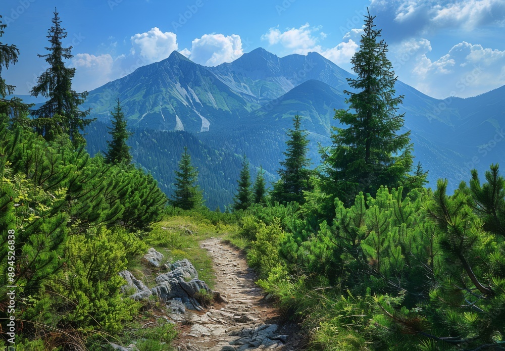 A rugged mountain path leading through a dense pine forest with alpine views A rugged mountain path leading through a dense pine forest with alpine views