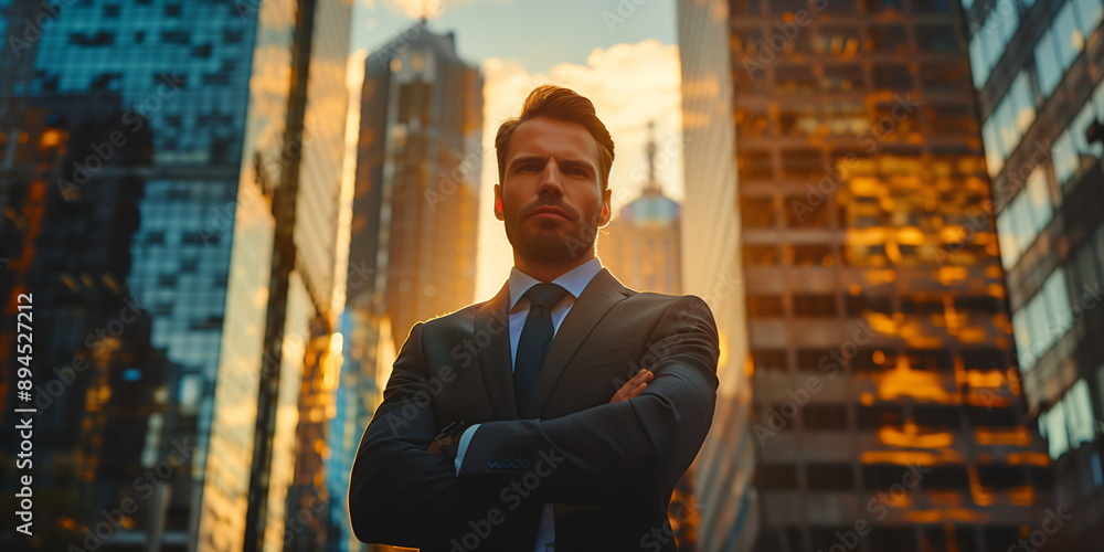 A man in a suit with arms crossed, standing on a rooftop at sunset with skyscrapers in the background A man in a suit with arms crossed, standing on a rooftop at sunset with skyscrapers in the background