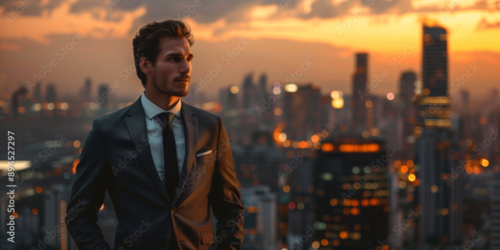 A man in a suit standing on a rooftop at sunset with a city skyline in the background. Creative background for banner or poster with copy space A man in a suit standing on a rooftop at sunset with a city skyline in the background. Creative background for banner or poster with copy space
