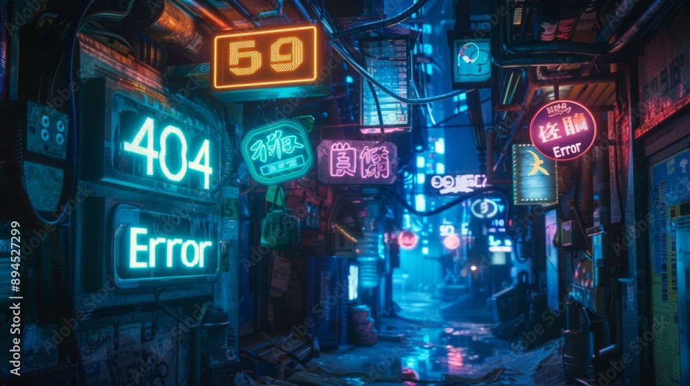 Obraz premium Neon Alley with 404 Error Signs