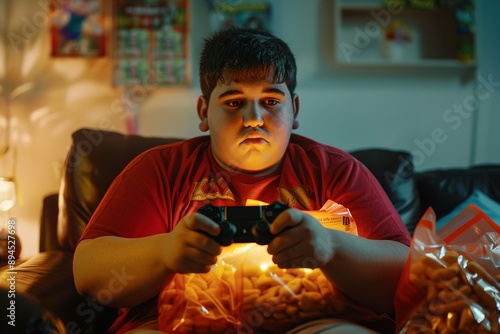 A heavyset obesity teenager, playing video games, surrounded by empty snack bags  photo