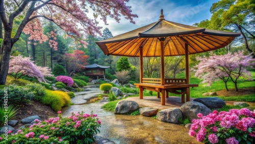 Serene landscape with blooming flowers, verdant trees, and a sturdy wooden umbrella symbolizing shelter, security, and loving protection always.