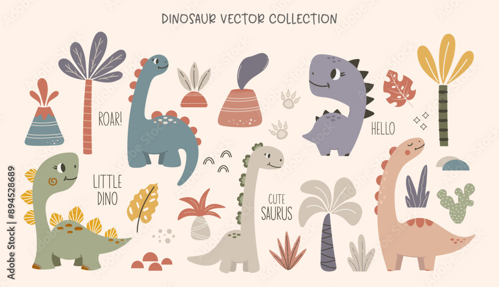 Dinosaur vector clipart. Children's collection includes cute dinosaurs, palm trees, volcanoes, inscriptions and various elements. Dino baby. Colorful cute baby illustration. Dinosaur vector clipart. Children's collection includes cute dinosaurs, palm trees, volcanoes, inscriptions and various elements. Dino baby. Colorful cute baby illustration.