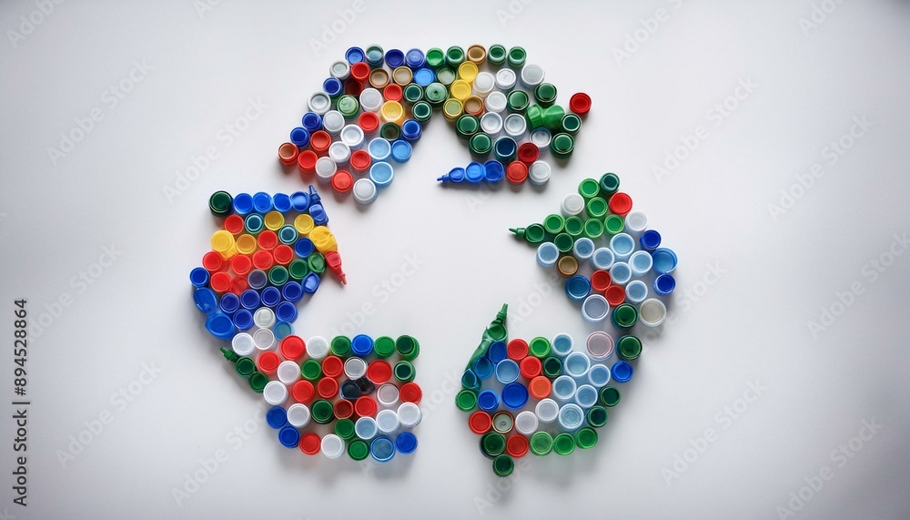 Recycle symbol made of colorful plastic bottle caps on white background Recycle symbol made of colorful plastic bottle caps on white background