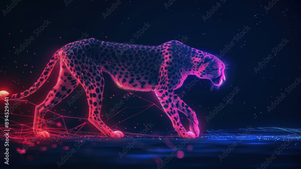 A digital cheetah glowing pink and blue walks on a surface of neon lights and lines A digital cheetah glowing pink and blue walks on a surface of neon lights and lines