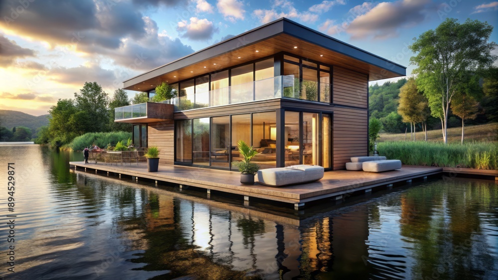 Luxurious modern floating home with sleek lines, expansive windows, and rustic wooden accents, nestled among lush greenery and calm waters. Luxurious modern floating home with sleek lines, expansive windows, and rustic wooden accents, nestled among lush greenery and calm waters.