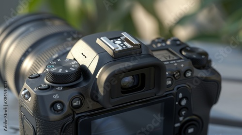 A black Canon camera with a lens attached is resting on a wooden surface. The camera has various buttons and dials, including a mode dial and a flash mount. photo