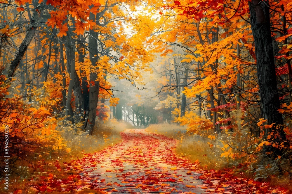 Fototapeta premium A serene autumn landscape with a pathway covered in fallen leaves, leading through a forest
