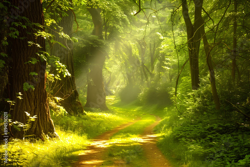 Serene forest pathway with sunlight filtering through the trees.


