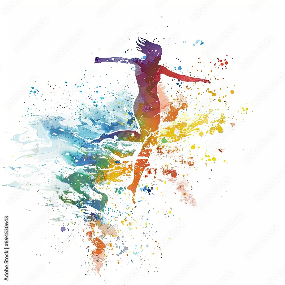 Fototapeta premium illustration of a woman diving and swimming gracefully, painted in a vibrant watercolor style with colorful splashes highlighting the fluidity and movement on a white background.