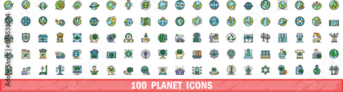 100 planet icons set. Color line set of planet vector icons thin line color flat on white
