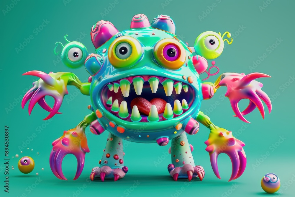 Quirky 3D monster character with a hybrid design of organic and mechanical elements, featuring bold colors, multiple eyes or limbs, and a mischievous grin. Quirky 3D monster character with a hybrid design of organic and mechanical elements, featuring bold colors, multiple eyes or limbs, and a mischievous grin.
